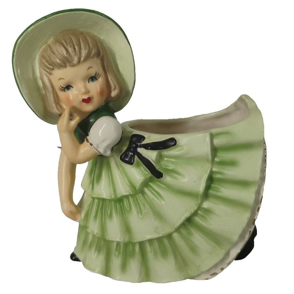 Relpo Planter Lady Bloomer Bonnet Green Dress K756 Ceramic Hand Painted